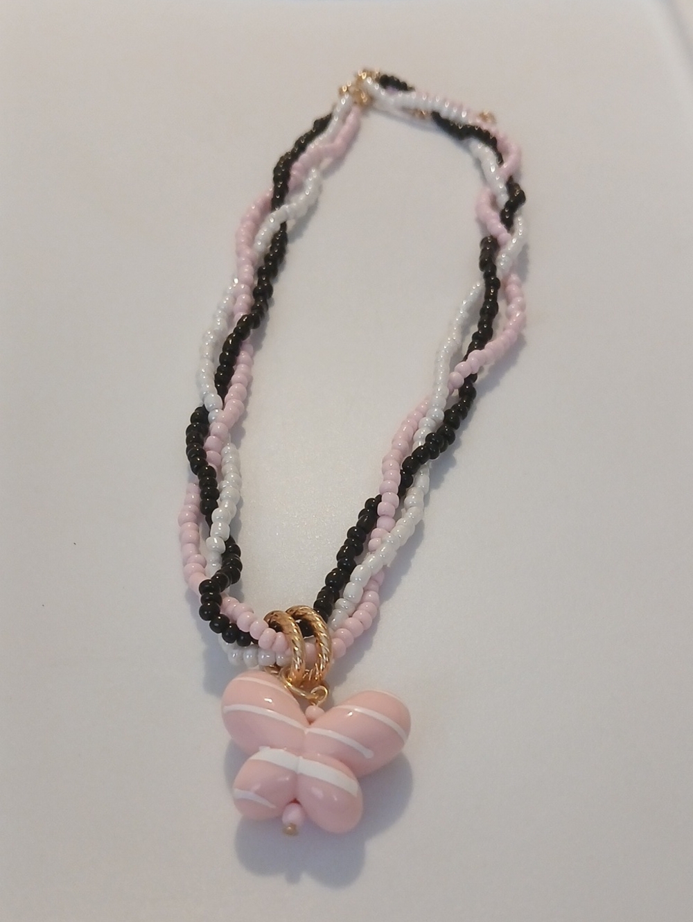 Fashion Jewelry Pink, White & Black Beaded Necklace with Butterfly Charm